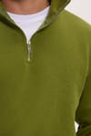 Unisex Relax Fit Rahat Kesim Pamuklu İçi Polarlı Yarım Fermuarlı Haki Dik Yaka Sweatshirt