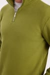 Unisex Relax Fit Rahat Kesim Pamuklu İçi Polarlı Yarım Fermuarlı Haki Dik Yaka Sweatshirt
