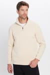 Unisex Relax Fit Rahat Kesim Pamuklu İçi Polarlı Yarım Fermuarlı Ekru Dik Yaka Sweatshirt
