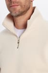 Unisex Relax Fit Rahat Kesim Pamuklu İçi Polarlı Yarım Fermuarlı Ekru Dik Yaka Sweatshirt