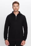 Unisex Relax Fit Rahat Kesim Fitilli Desenli Pamuklu Yarım Fermuarlı Siyah Dik Yaka Sweatshirt
