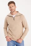 Unisex Relax Fit Rahat Kesim Fitilli Desenli Pamuklu Yarım Fermuarlı Bej Dik Yaka Sweatshirt