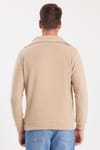 Unisex Relax Fit Rahat Kesim Fitilli Desenli Pamuklu Yarım Fermuarlı Bej Dik Yaka Sweatshirt