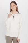 Unisex Relax Fit Rahat Kesim Fitilli Desenli Pamuklu Yarım Fermuarlı Ekru Dik Yaka Sweatshirt