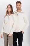 Unisex Relax Fit Rahat Kesim Fitilli Desenli Pamuklu Yarım Fermuarlı Ekru Dik Yaka Sweatshirt