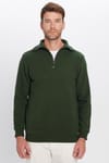 Unisex Relax Fit Rahat Kesim Fitilli Desenli Pamuklu Yarım Fermuarlı Yeşil Dik Yaka Sweatshirt