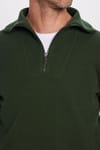 Unisex Relax Fit Rahat Kesim Fitilli Desenli Pamuklu Yarım Fermuarlı Yeşil Dik Yaka Sweatshirt