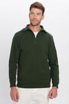 Unisex Relax Fit Rahat Kesim Fitilli Desenli Pamuklu Yarım Fermuarlı Yeşil Dik Yaka Sweatshirt