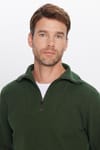 Unisex Relax Fit Rahat Kesim Fitilli Desenli Pamuklu Yarım Fermuarlı Yeşil Dik Yaka Sweatshirt