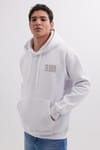Unisex Oversize Geniş Kesim Pamuklu Yumuşak Dokulu İçi Polarlı Baskılı Beyaz Kapüşonlu Sweatshirt