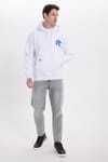 Unisex Oversize Geniş Kesim Pamuklu Yumuşak Dokulu İçi Polarlı Baskılı Beyaz Kapüşonlu Sweatshirt