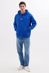 Unisex Oversize Geniş Kesim Pamuklu Yumuşak Dokulu İçi Polarlı Baskılı Saks Mavi Kapüşonlu Sweatshirt