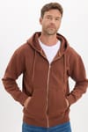 Unisex Relax Fit Rahat Kesim Pamuklu İçi Polarlı Çift Cepli Fermuarlı Kahverengi Kapüşonlu Sweatshirt