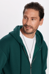 Unisex Relax Fit Rahat Kesim Pamuklu İçi Polarlı Çift Cepli Fermuarlı Yeşil Kapüşonlu Sweatshirt