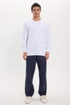 Unisex Relax Fit Rahat Kesim %100 Pamuk Uzun Kollu Bisiklet Yaka Beyaz Basic Tişört