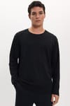 Unisex Relax Fit Rahat Kesim %100 Pamuk Uzun Kollu Bisiklet Yaka Siyah Basic Tişört