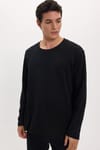 Unisex Relax Fit Rahat Kesim %100 Pamuk Uzun Kollu Bisiklet Yaka Siyah Basic Tişört
