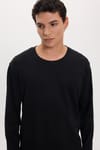 Unisex Relax Fit Rahat Kesim %100 Pamuk Uzun Kollu Bisiklet Yaka Siyah Basic Tişört
