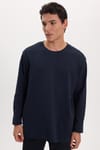 Unisex Relax Fit Rahat Kesim %100 Pamuk Uzun Kollu Bisiklet Yaka Lacivert Basic Tişört