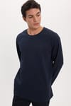 Unisex Relax Fit Rahat Kesim %100 Pamuk Uzun Kollu Bisiklet Yaka Lacivert Basic Tişört