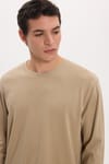 Unisex Relax Fit Rahat Kesim %100 Pamuk Uzun Kollu Bisiklet Yaka Bej Basic Tişört