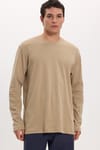 Unisex Relax Fit Rahat Kesim %100 Pamuk Uzun Kollu Bisiklet Yaka Bej Basic Tişört