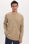 Unisex Relax Fit Rahat Kesim %100 Pamuk Uzun Kollu Bisiklet Yaka Bej Basic Tişört