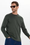 Unisex Relax Fit Rahat Kesim %100 Pamuk Uzun Kollu Bisiklet Yaka Yeşil Basic Tişört