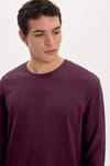 Unisex Relax Fit Rahat Kesim %100 Pamuk Uzun Kollu Bisiklet Yaka Bordo Basic Tişört