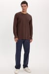 Unisex Relax Fit Rahat Kesim %100 Pamuk Uzun Kollu Bisiklet Yaka Kahverengi Basic Tişört