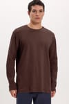 Unisex Relax Fit Rahat Kesim %100 Pamuk Uzun Kollu Bisiklet Yaka Kahverengi Basic Tişört