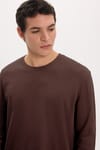 Unisex Relax Fit Rahat Kesim %100 Pamuk Uzun Kollu Bisiklet Yaka Kahverengi Basic Tişört