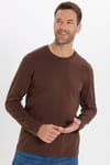 Unisex Relax Fit Rahat Kesim %100 Pamuk Uzun Kollu Bisiklet Yaka Kahverengi Basic Tişört