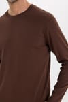 Unisex Relax Fit Rahat Kesim %100 Pamuk Uzun Kollu Bisiklet Yaka Kahverengi Basic Tişört