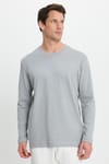 Unisex Relax Fit Rahat Kesim %100 Pamuk Uzun Kollu Bisiklet Yaka Gri Basic Tişört