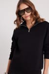 Kadın Relax Fit Rahat Kesim Pamuklu İçi Polarlı Yarım Fermuarlı Siyah Dik Yaka Sweatshirt