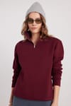 Kadın Relax Fit Rahat Kesim Pamuklu İçi Polarlı Yarım Fermuarlı Bordo Dik Yaka Sweatshirt