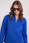 Kadın Relax Fit Rahat Kesim Pamuklu İçi Polarlı Yarım Fermuarlı Sax Mavi Dik Yaka Sweatshirt