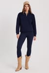 Kadın Relax Fit Rahat Kesim Pamuklu İçi Polarlı Yarım Fermuarlı Lacivert Dik Yaka Sweatshirt