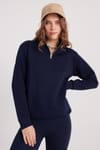 Kadın Relax Fit Rahat Kesim Pamuklu İçi Polarlı Yarım Fermuarlı Lacivert Dik Yaka Sweatshirt