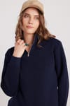 Kadın Relax Fit Rahat Kesim Pamuklu İçi Polarlı Yarım Fermuarlı Lacivert Dik Yaka Sweatshirt