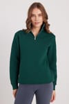 Kadın Relax Fit Rahat Kesim Pamuklu İçi Polarlı Yarım Fermuarlı Haki Dik Yaka Sweatshirt
