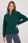 Kadın Relax Fit Rahat Kesim Pamuklu İçi Polarlı Yarım Fermuarlı Haki Dik Yaka Sweatshirt