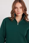 Kadın Relax Fit Rahat Kesim Pamuklu İçi Polarlı Yarım Fermuarlı Haki Dik Yaka Sweatshirt