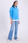 Kadın Relax Fit Rahat Kesim Pamuklu İçi Polarlı Yarım Fermuarlı Mavi Dik Yaka Sweatshirt