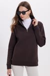 Kadın Relax Fit Rahat Kesim Pamuklu İçi Polarlı Yarım Fermuarlı Kahverengi Dik Yaka Sweatshirt