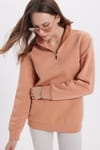 Kadın Relax Fit Rahat Kesim Pamuklu İçi Polarlı Yarım Fermuarlı Yavruağzı Dik Yaka Sweatshirt