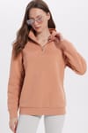 Kadın Relax Fit Rahat Kesim Pamuklu İçi Polarlı Yarım Fermuarlı Yavruağzı Dik Yaka Sweatshirt