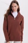Kadın Relax Fit Rahat Kesim Pamuklu İçi Polarlı Yarım Fermuarlı Kahverengi Dik Yaka Sweatshirt