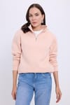 Kadın Relax Fit Rahat Kesim Pamuklu İçi Polarlı Yarım Fermuarlı Somon Dik Yaka Sweatshirt